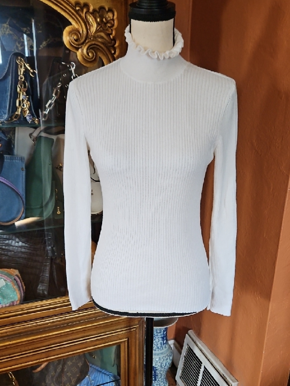 Frame Denim Cream Ribbed Ruffle Mock Neck Sweater - Picture 6 of 13